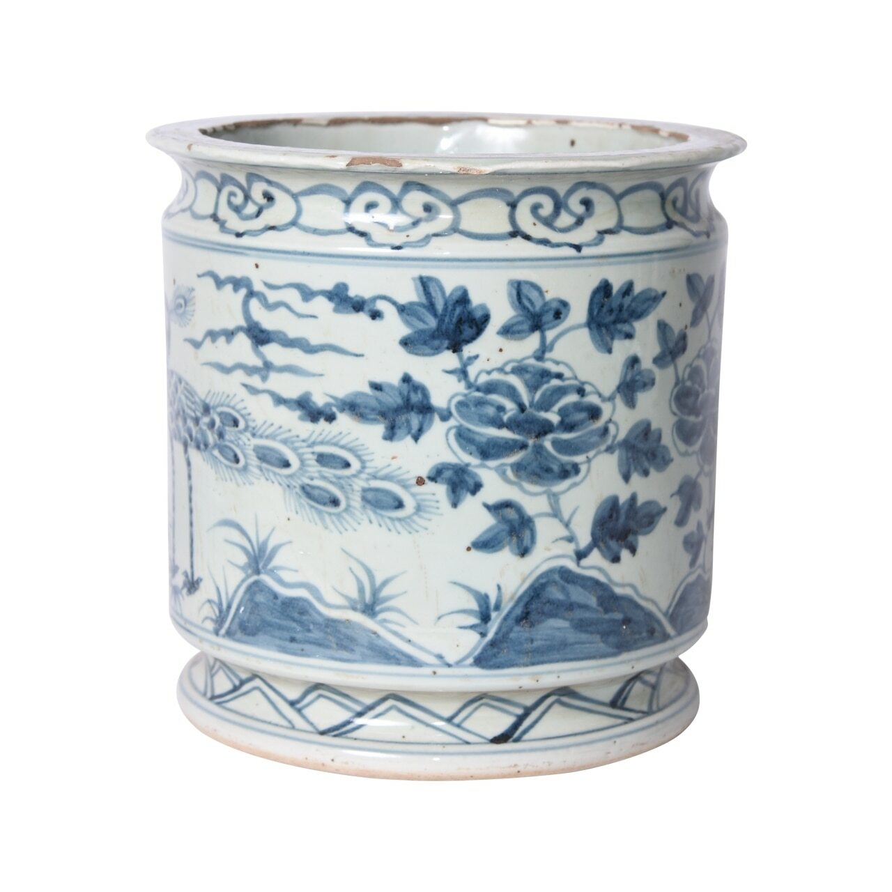 Blue & White Peacock Cylinder Pot