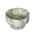 A round marble bowl with a tiered design, featuring a white and gray veined pattern, isolated on a white background.