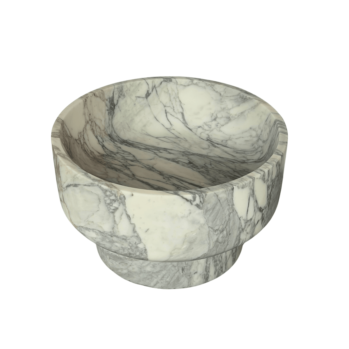 A round marble bowl with a tiered design, featuring a white and gray veined pattern, isolated on a white background.