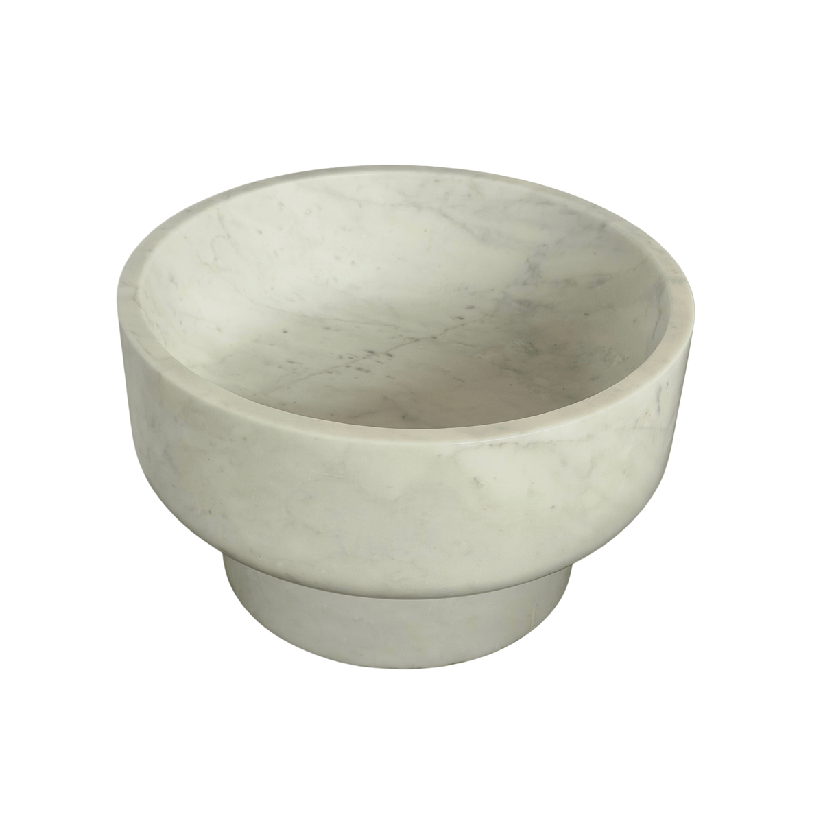 A round white marble centerpiece bowl with a wide rim and a short pedestal base, shown on a plain white background.