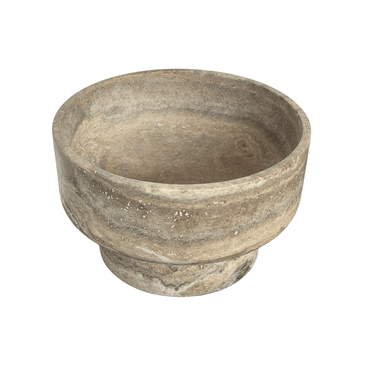A rustic stone bowl with a tiered base, featuring a textured, weathered finish in earthy gray and beige tones, isolated on a white background.