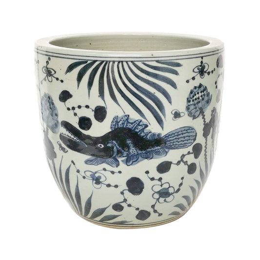 Blue & White Fish Tapered Pot