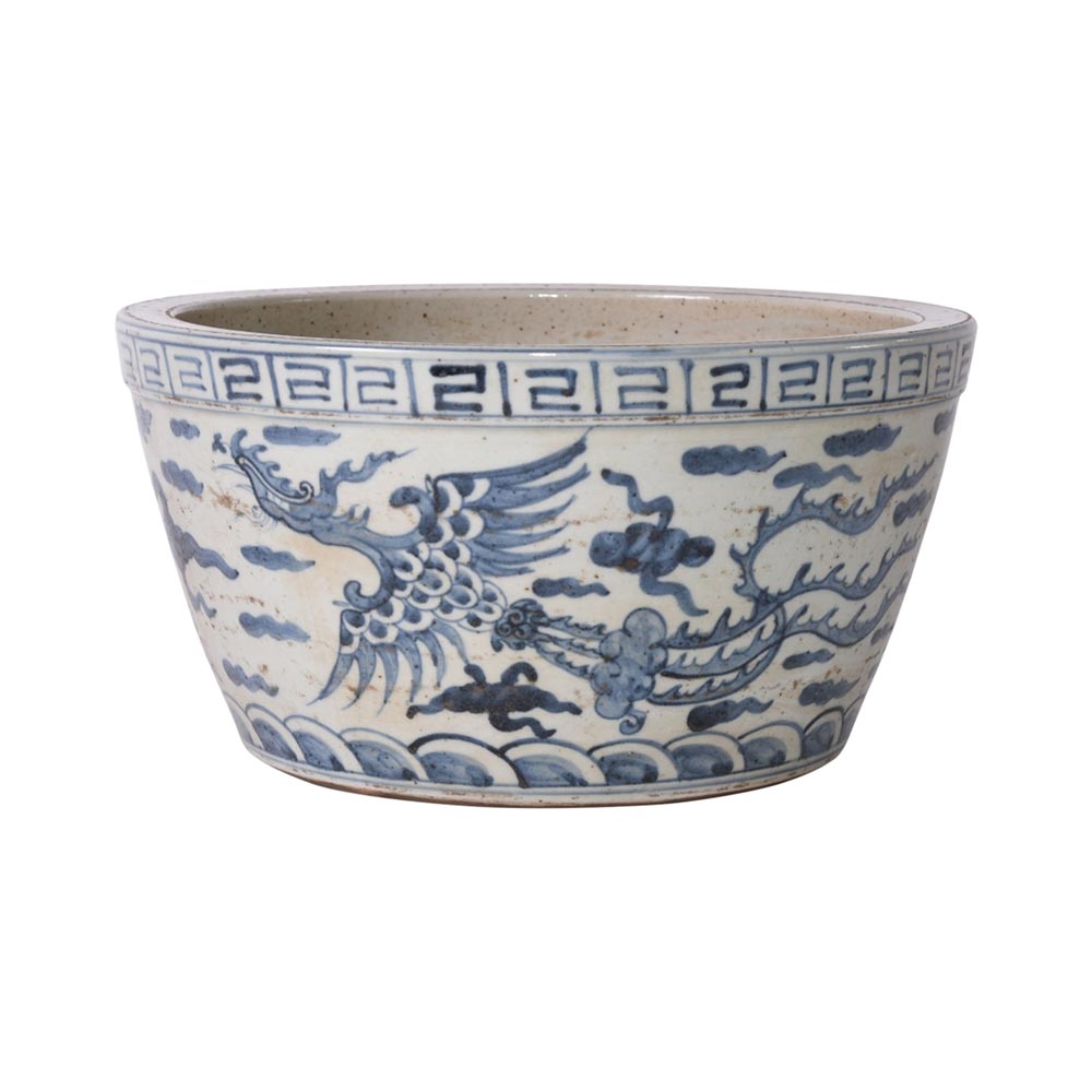 Classic Blue & White asian Bowl handmade chinoiserie foot stomp clay bowl