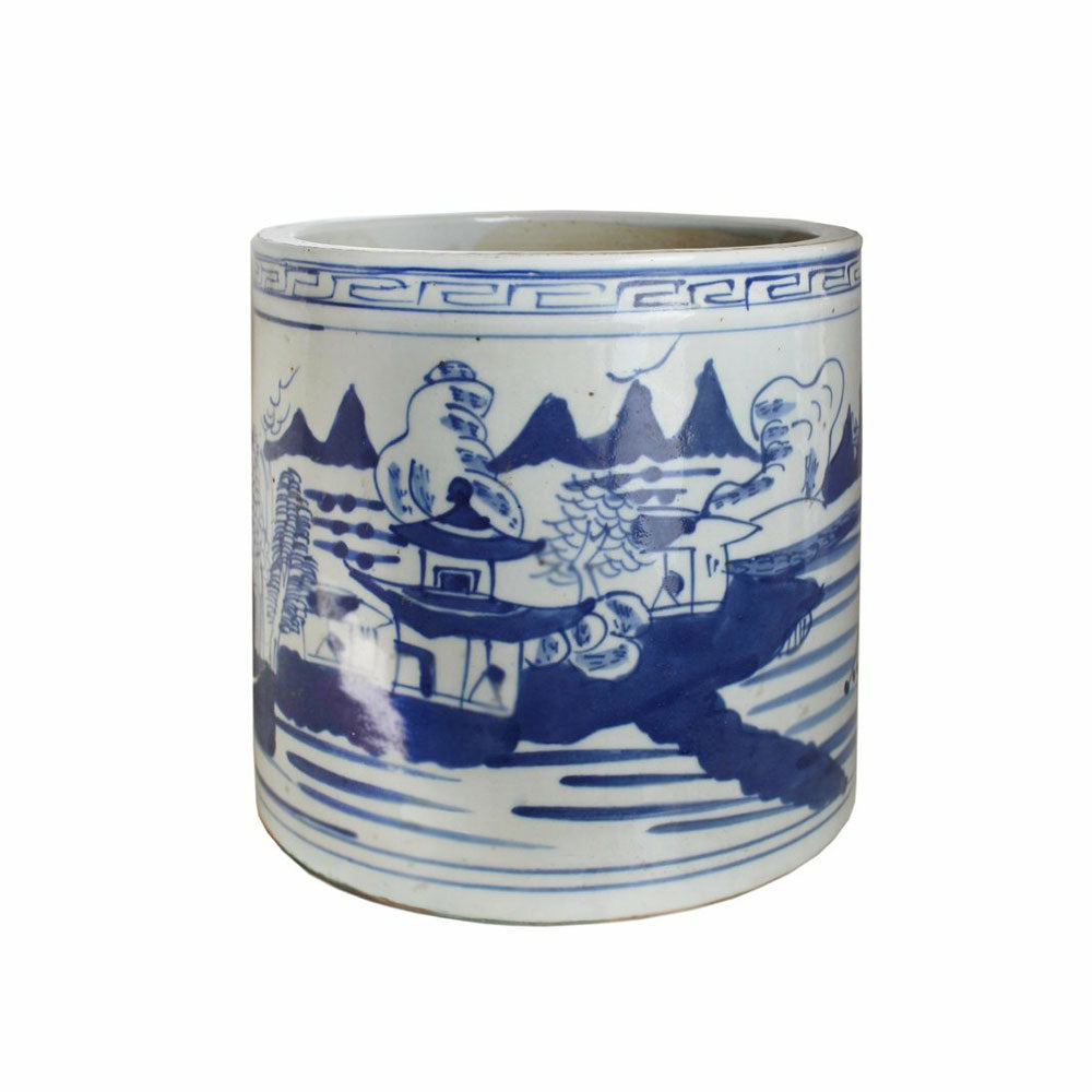 Blue & White Landscape Cylinder Pot