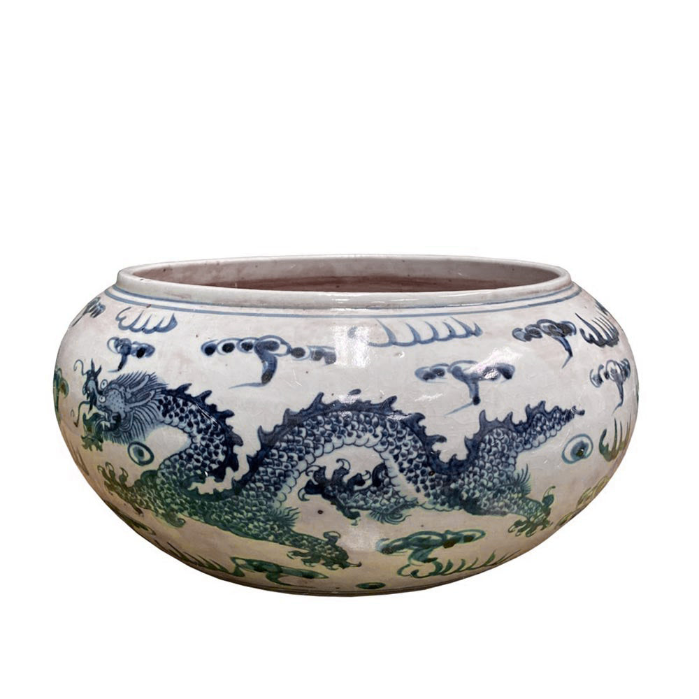 Classic Blue & White asian Bowl handmade chinoiserie foot stomp clay bowl