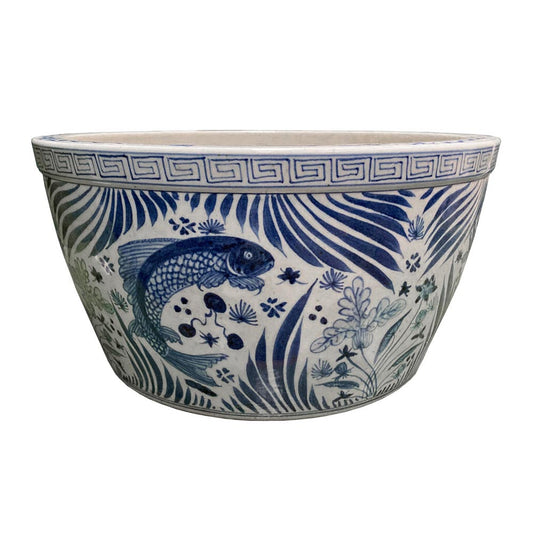 Classic Blue & White asian Bowl handmade chinoiserie foot stomp clay bowl