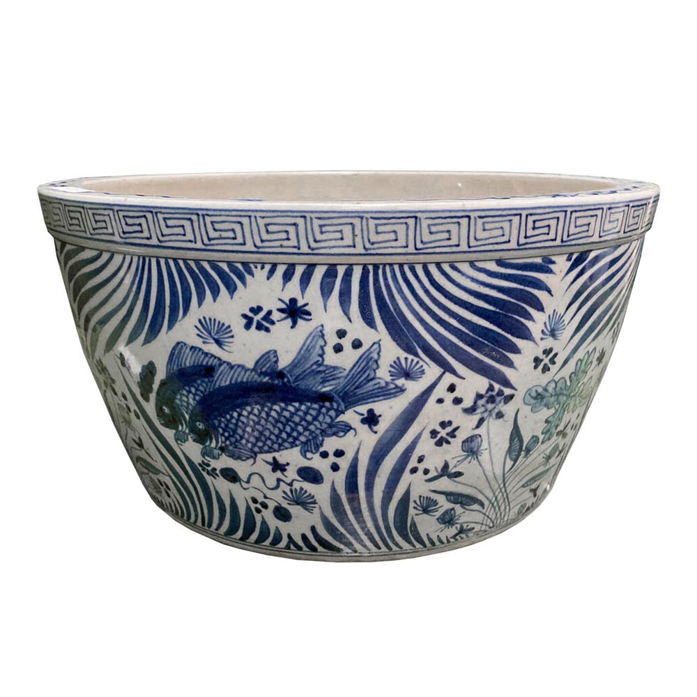 Classic Blue & White asian Bowl handmade chinoiserie foot stomp clay bowl
