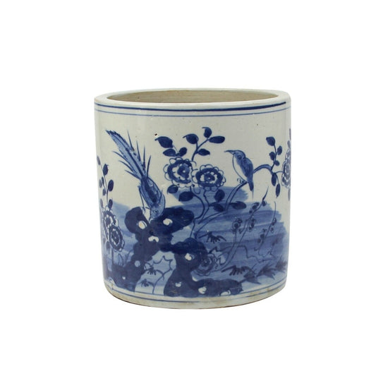 Blue & White Bird Cylinder Pot