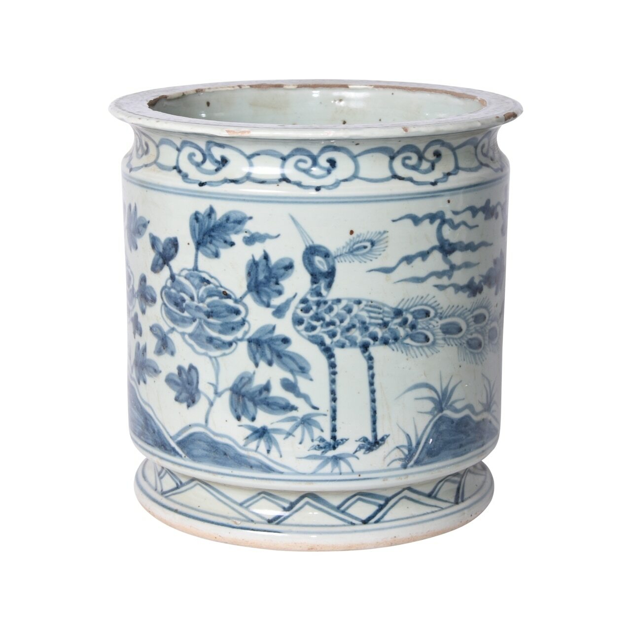 Blue & White Peacock Cylinder Pot